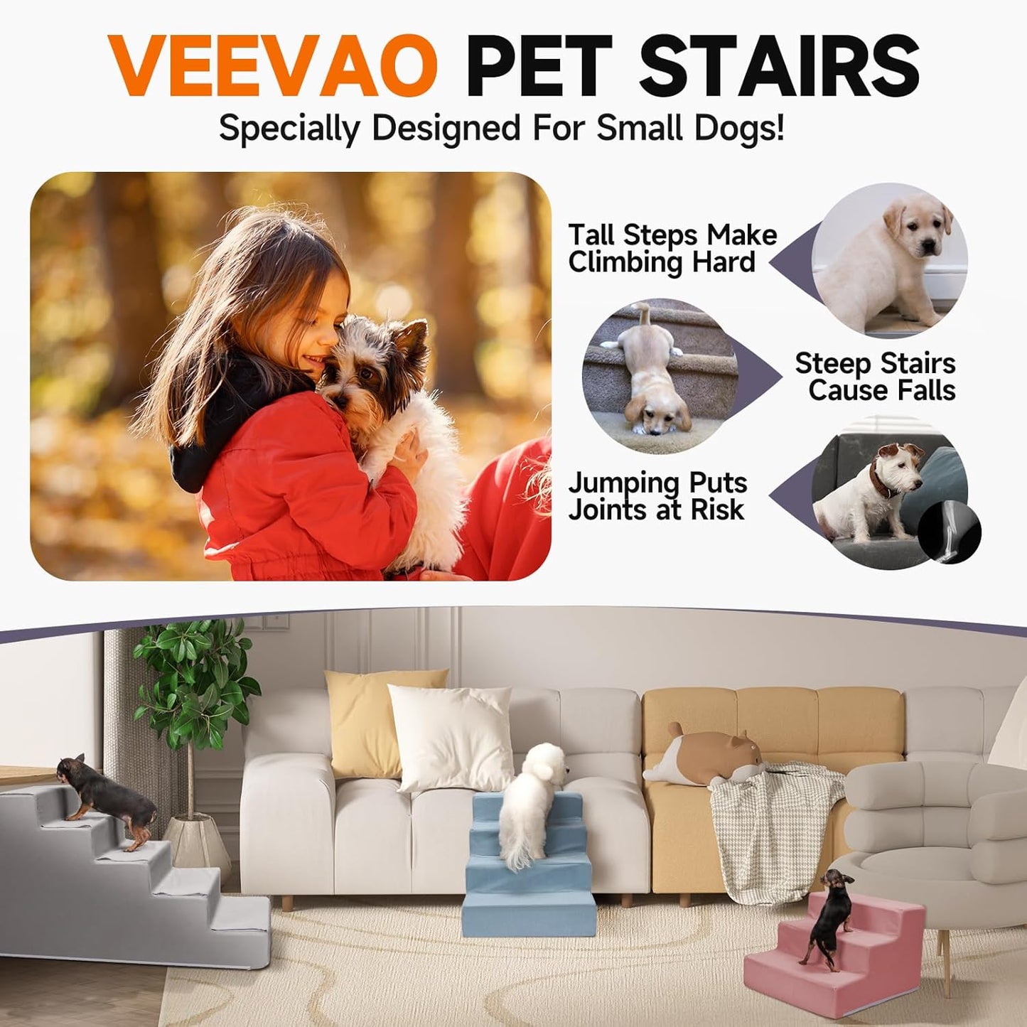 Pet Stairs for Small Dogs & Cats - 3/4/5 Steps, Non-Slip Extra Wide Design, Gentle Angle for Joint Protection, High Density Foam, Washable Cover, Fits Beds & Couches, 5 Steps-Warm Pink