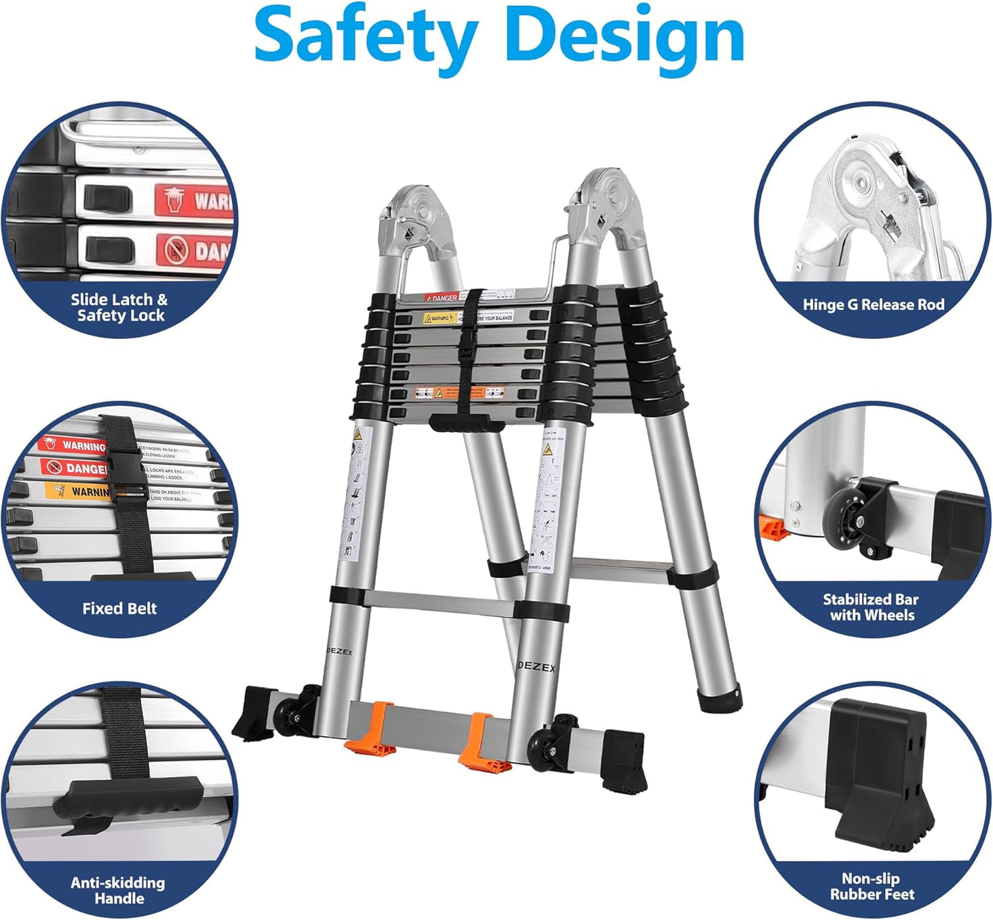 A Frame Telescoping Ladders 16.5 FT Stainless Steel,Telescopic Ladder 330lbs Capacity Compact Ladder with Balance Bar and Movable Wheels,Multi-Purpose Collapsible Ladder for Indoor Outdoor Work