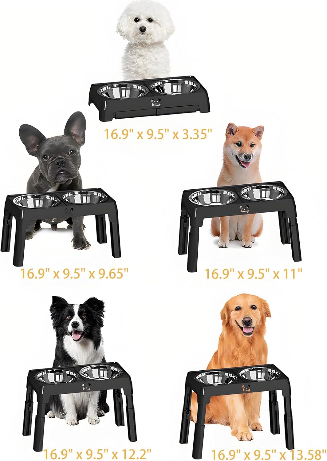 Elevated Dog Bowls Stand 5 Height Adjustable, Raised Dog Feeder with 2 Thick 50oz Stainless Steel Bowls, Non-Slip Pet Food Station for Medium & Large Breeds (Black)