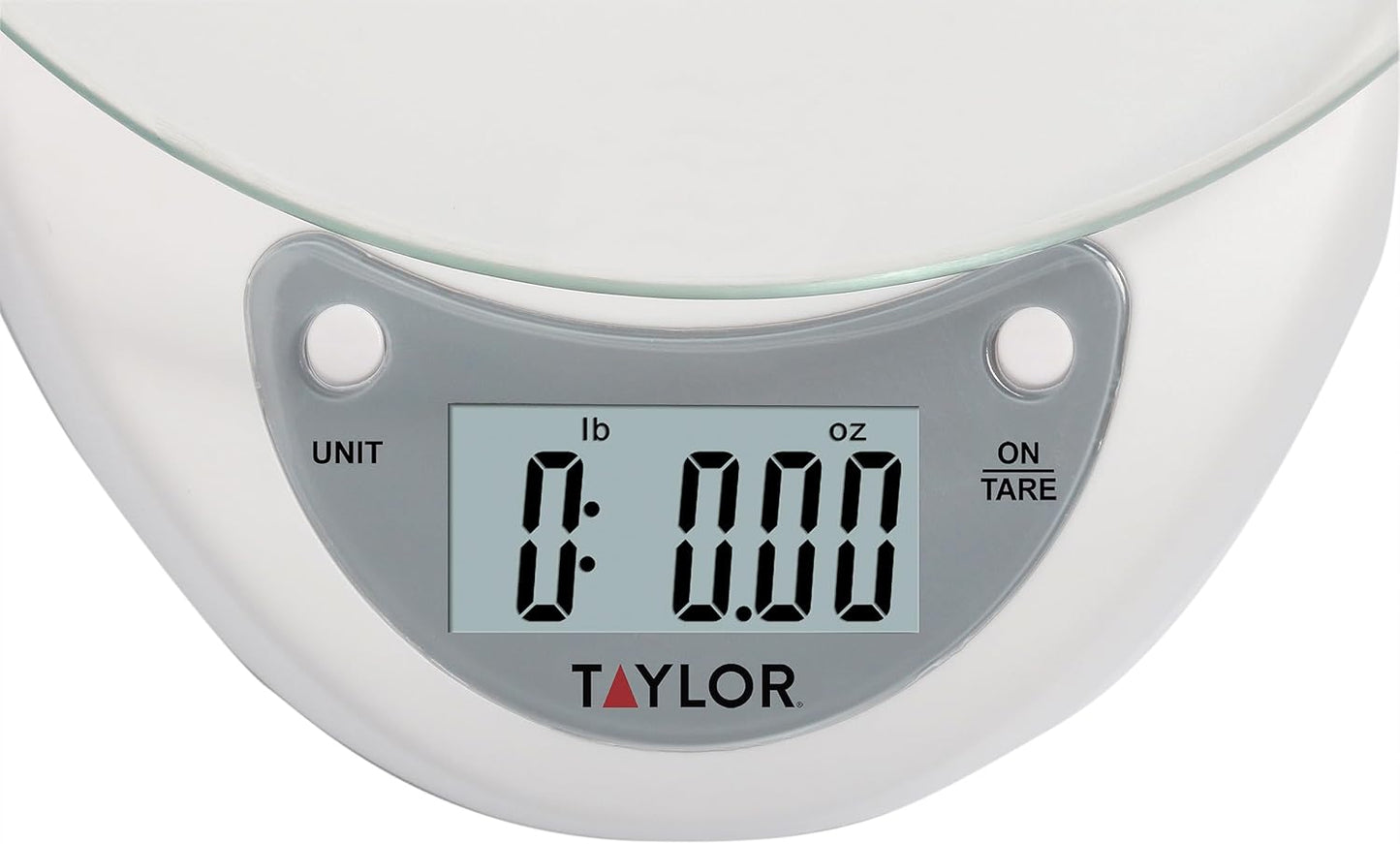 Taylor Digital Kitchen Scale with Glass Platform, Tare Button, and Plastic Body Weighs up to 11 Pounds Capacity, White