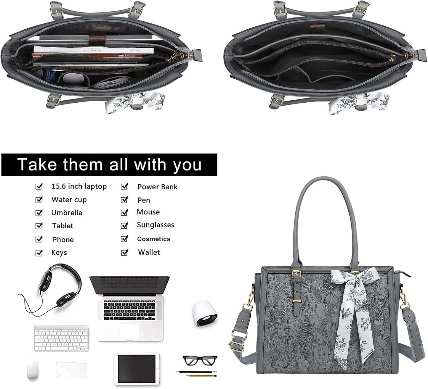 MOSISO Laptop Bag for Women, PU Leather Tote Bag, Front Embossed Retro Hibiscus Computer Bags with Silk Scarf&Clutch Purse