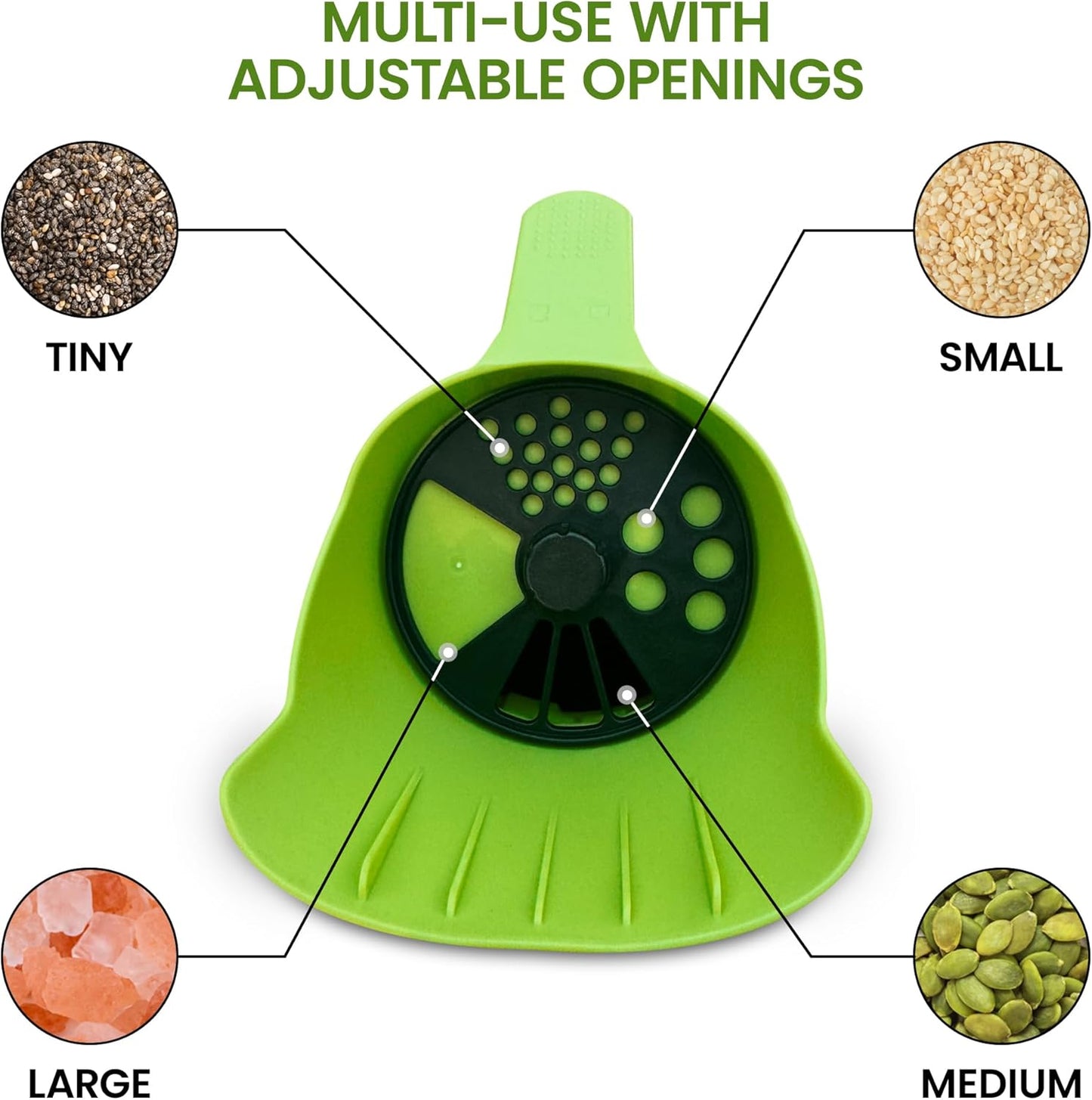 Garden Guru Handheld Seed Spreader Shaker – Multi Use Grass Seed, Fertilizer, Salt, Ice & Snow Melt Spreader – Adjustable Twist Cap w Multiple Size Openings – Lightweight 1L Capacity Hand Seeder