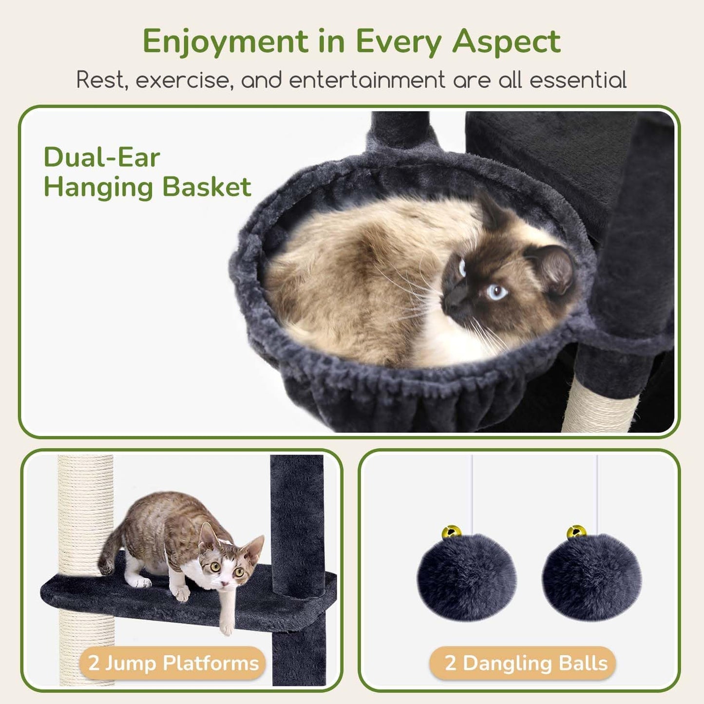 Globlazer Cat Tree for Indoor Cats, 80in Heavy Duty Cat Tower with 6 Full Wrapped Sisal Scratching Posts, 3 Spacious Multi-Level Cat Condos, Oversized Fan-Shaped Perch, S80, Dark Grey