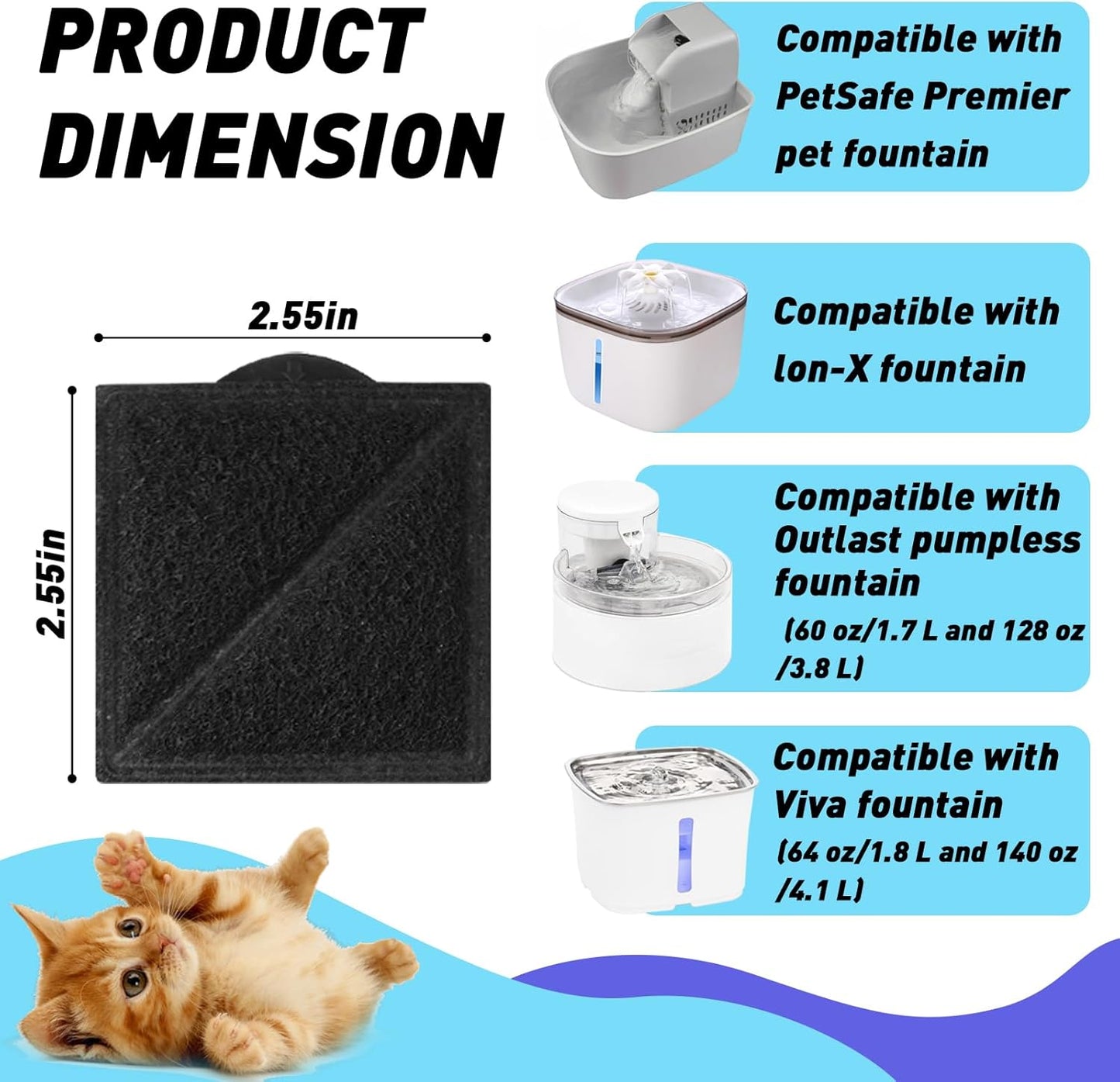 16-Pack Cat Water Fountain Replacement Charcoal Filter (Square) Compatible with Petsafe Premier, Ion-X, Outlast Pumpless & Viva Pet Water Fountain, Black Carbon Filters Fit for Cat and Dog Indoor