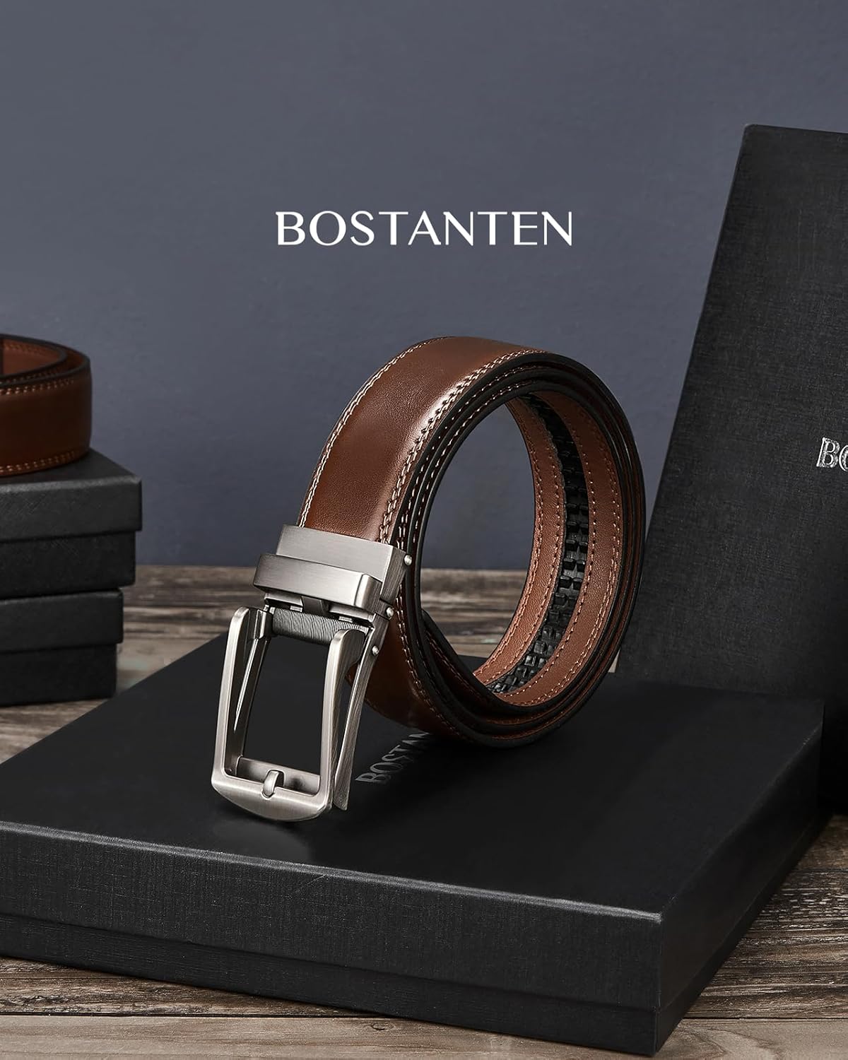 BOSTANTEN Belt Men Leather Reversible Belts for Men 1 3/8" for Casual Golf Dress Pants, Two-in-One Belt Gift