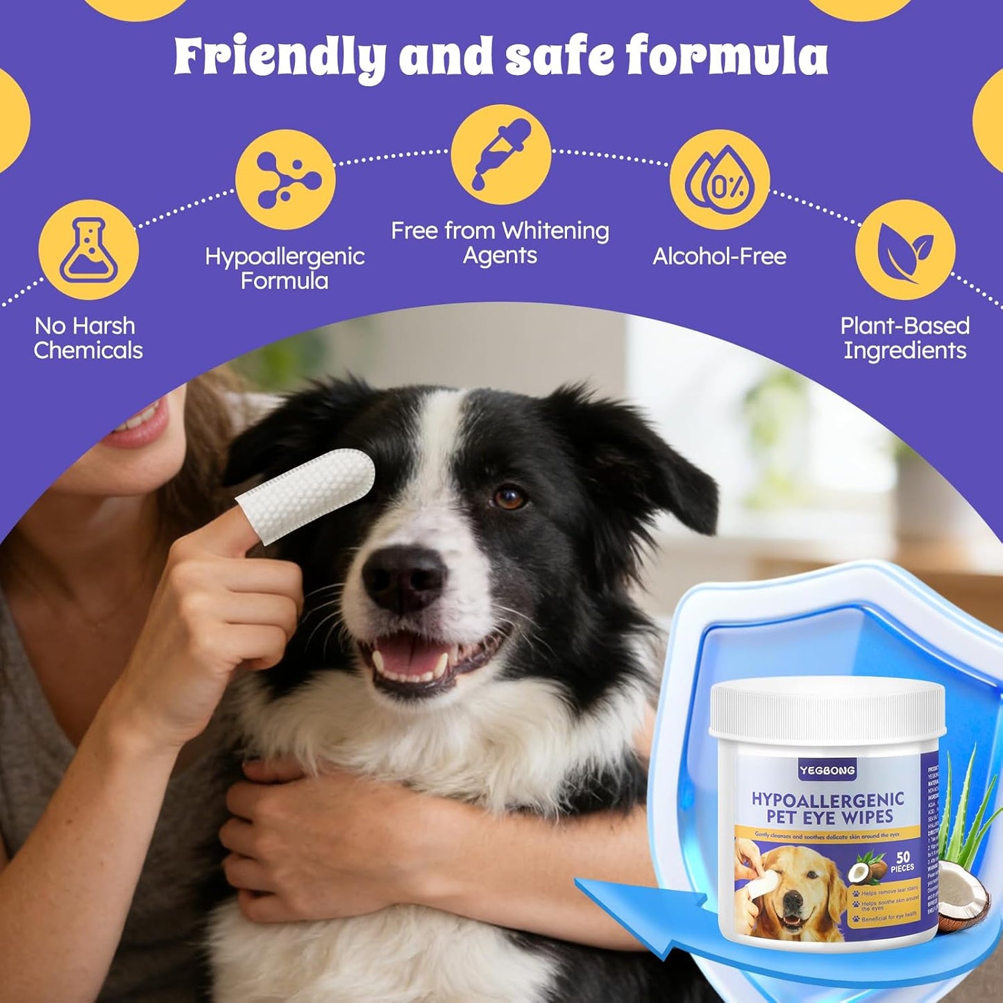 Dog & Cat Eye Wipes – Finger Wipes for Tear Stains, Discharge & Crust, Hypoallergenic, 50 Wipes, Gentle Pet Eye Cleaning