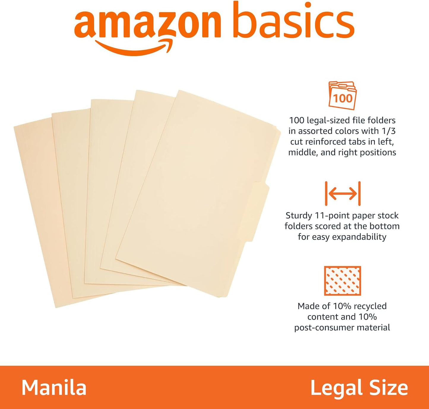 Amazon Basics Sturdy Manila File Folders, 1/3 Tabs in Assorted Positions for Filing and Easy Labeling, Legal Size, 8.5 x 14 inch, 100-Pack