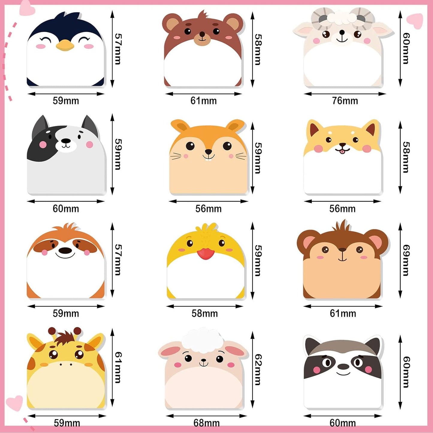 Yinder 24 Pads Cute Animal Sticky Notes Fun Kawaii Animal Sticky Notes Pads Bulk Cartoon Memo Self Adhesive Gift for Veterinary Tab Office School Party Supplies