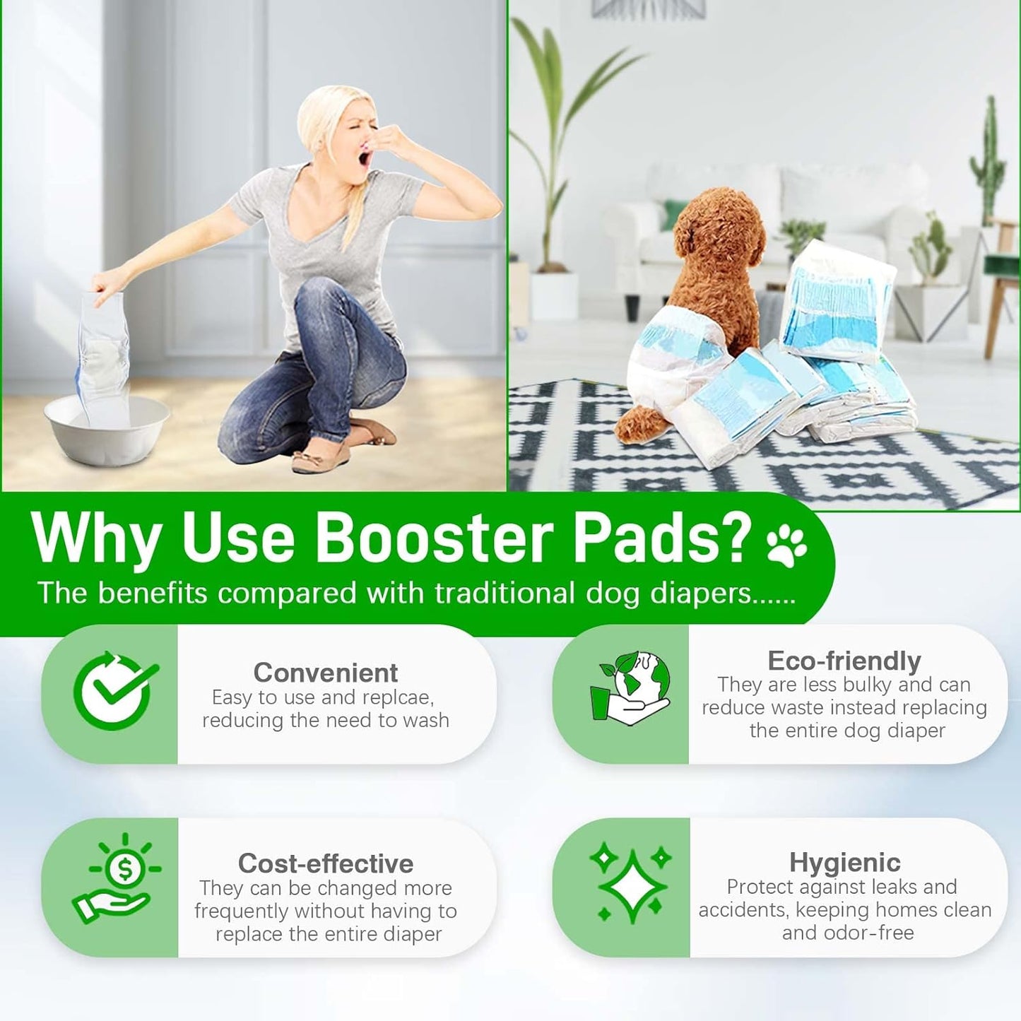 Dog Diaper Liners 100ct Super Soft and Absorbent Dog Diaper Booster Pads for Male Dog Belly Bands or Female Dog Diapers (Long, 100pcs)