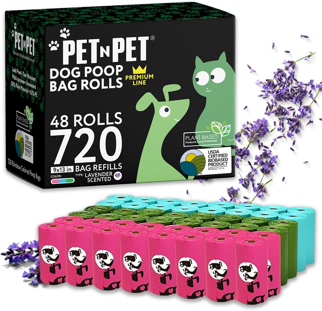 Pet N Pet 720 Counts Lavender Scented, Colorful Poop Bags for Dogs, 41% Plant Based & 59% PE Dog Poop Bags Rolls, Extra Thick Dog Waste Bag, Doggy Bag