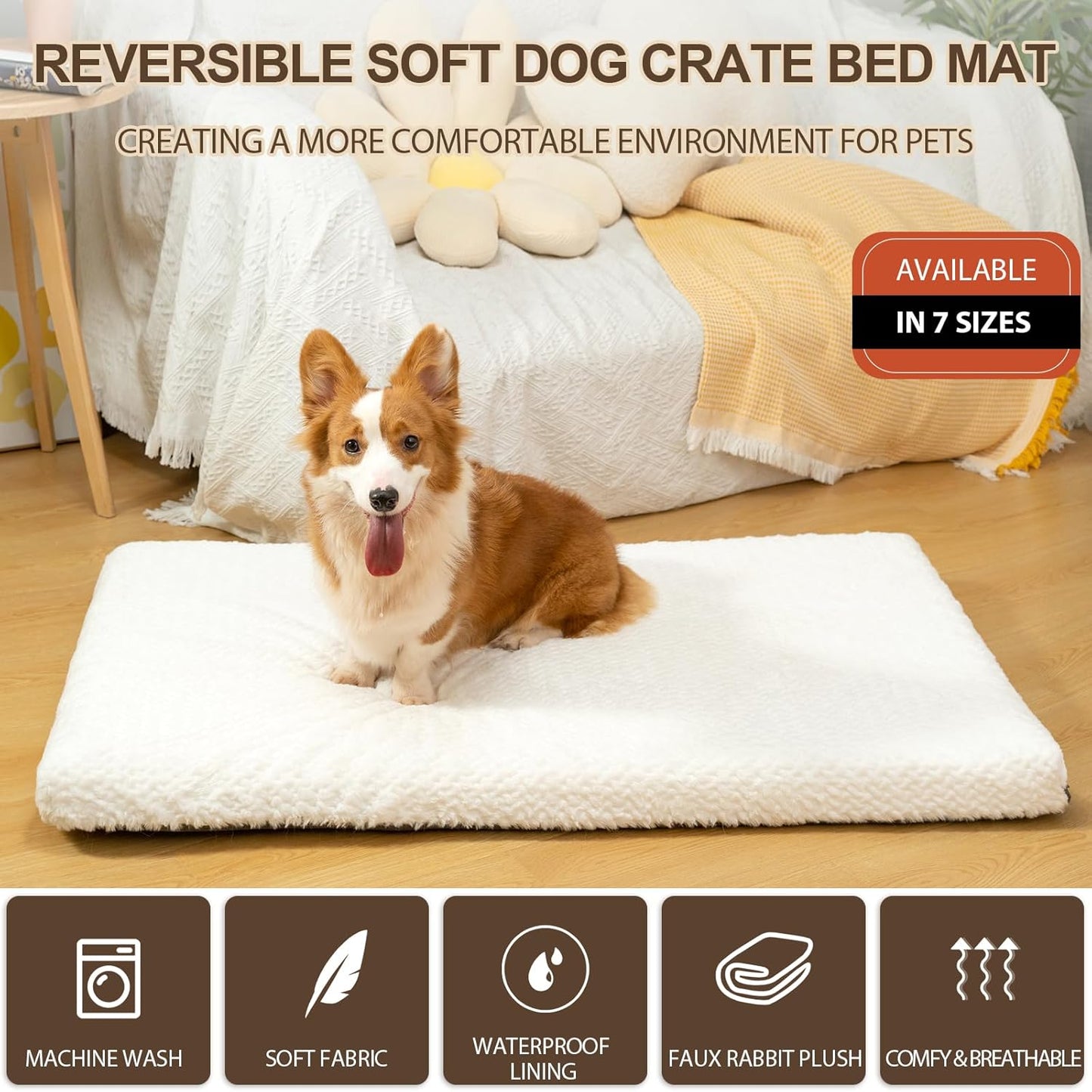 EMPSIGN Dog Crate Pad - Reversible Kennel Bed, Machine Washable, Soft White Plush Sleeping Bed for Small Medium Large Dogs, All-Season Pet Bed, 47"x 29"x 3"