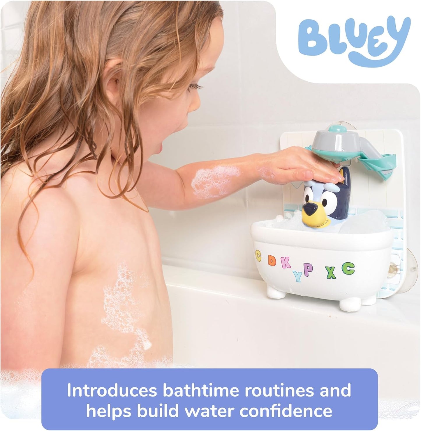 TOMY Toomies Shower & Scrub Bluey - Create Your Own Bubbles - Includes Rinsing Showerhead and Removable Bluey Toy - Interactive Bath Toys - Toddler Easter Basket Fillers - Ages 18 Months and Up