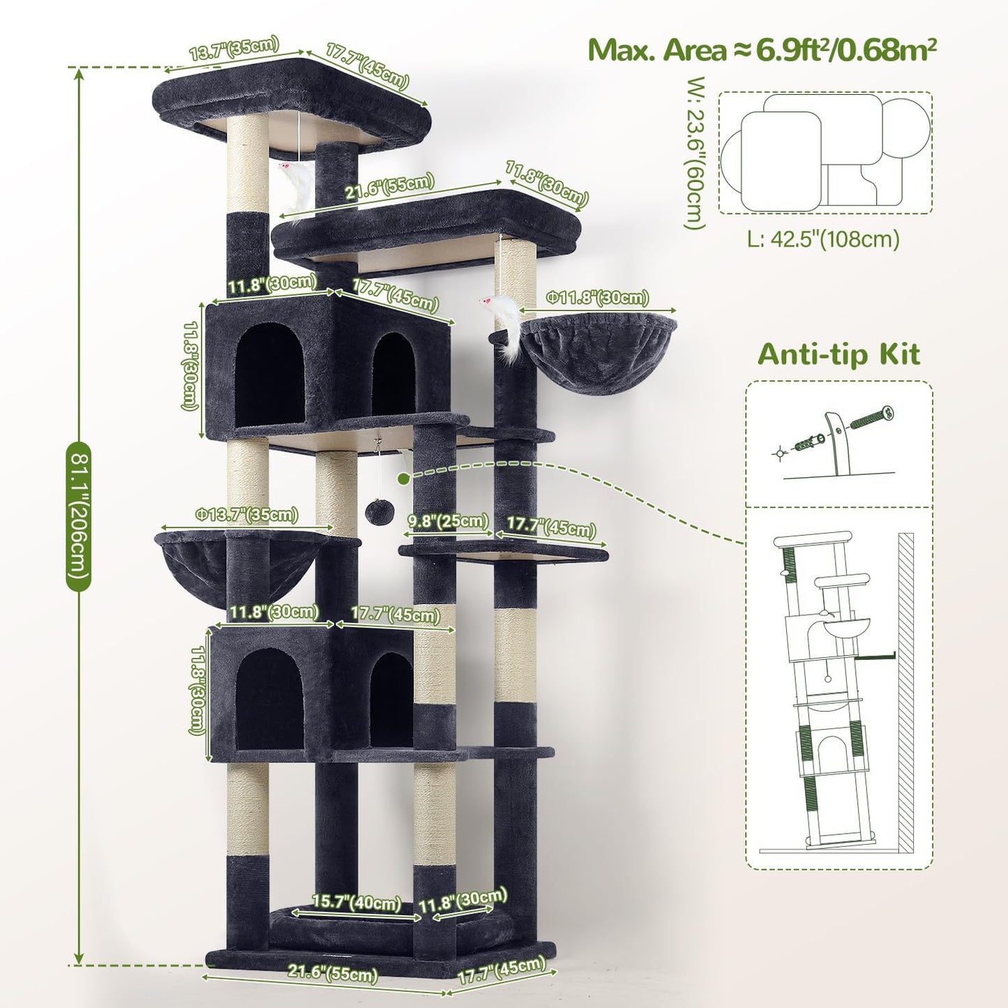 Globlazer Heavy Duty Cat Tree, 81 inch Extra Large Cat Tree for Indoor Cats Large Adult, Sturdy Cat Tower with 8 Scratching Post, 2 Cat Condos, 2 Platform, S81C, Dark Grey