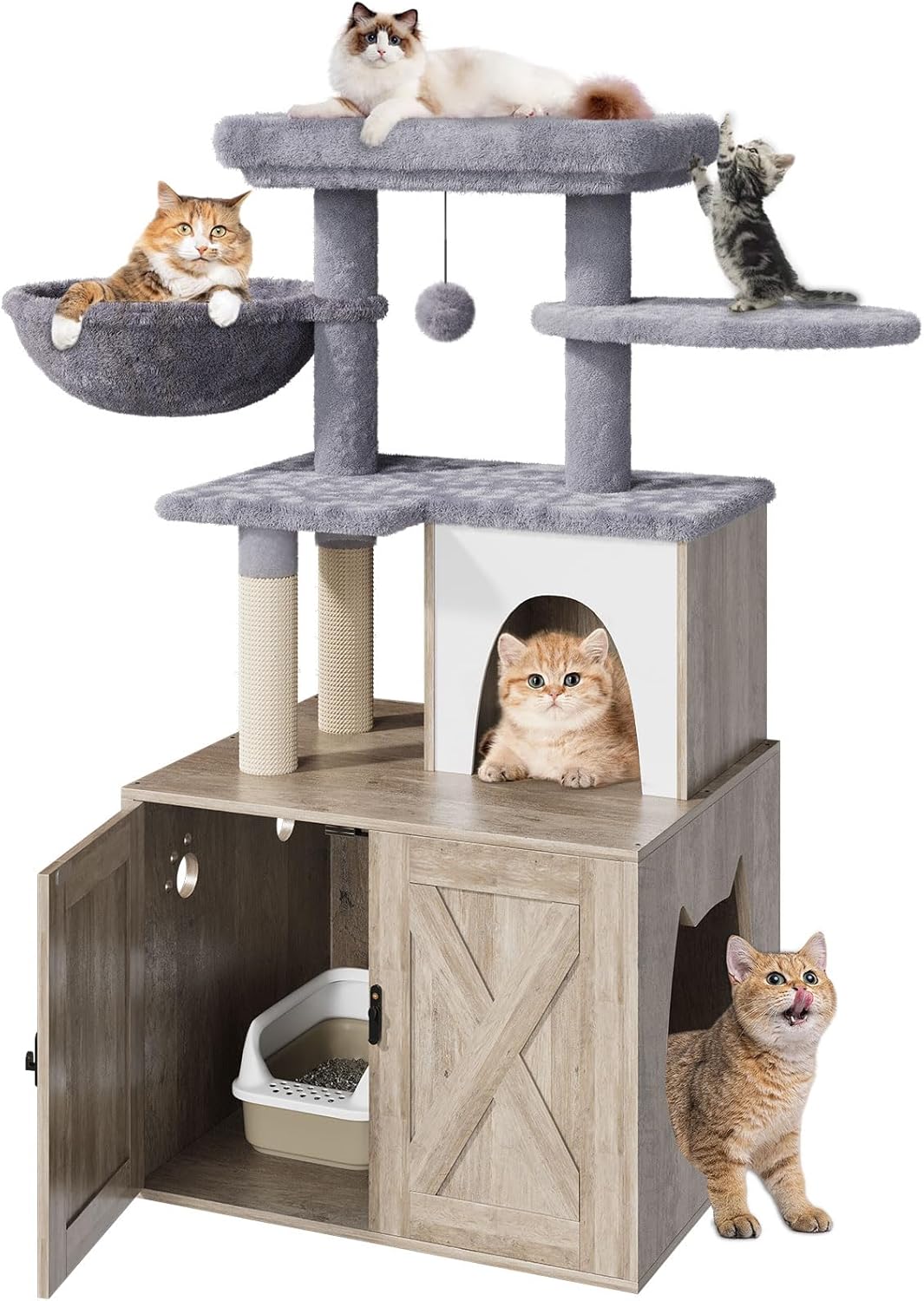 HavenlyYouth Litter Box Enclosure with Cat Tree,Cat Tree with Litter Box Enclosure,Hidden Pet Washroom Furniture with Sisal Scratching Post,Hammocks,Condo,Multiple Platform,Soft Plush Perch, Grey