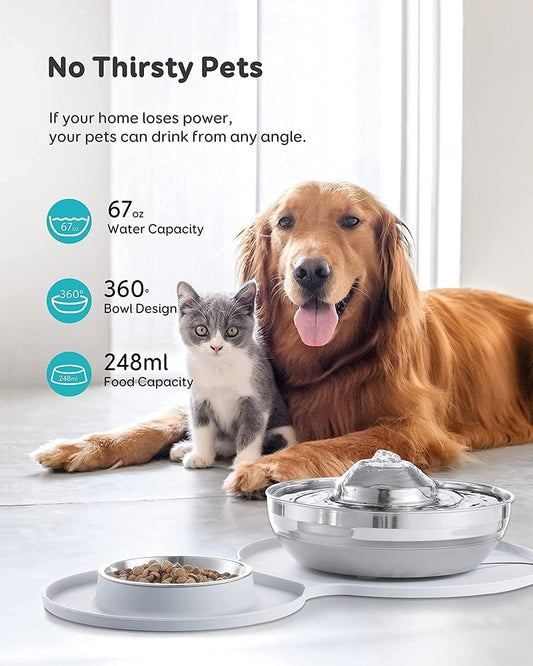 pet Water Dispenser 4L Automatic Feeder for Cats 2L/67oz Stainless Steel Water Fountain & Dog Bowl 2-in-1 Set with 3 Filters& Mat for Cats Dogs cat Fountain
