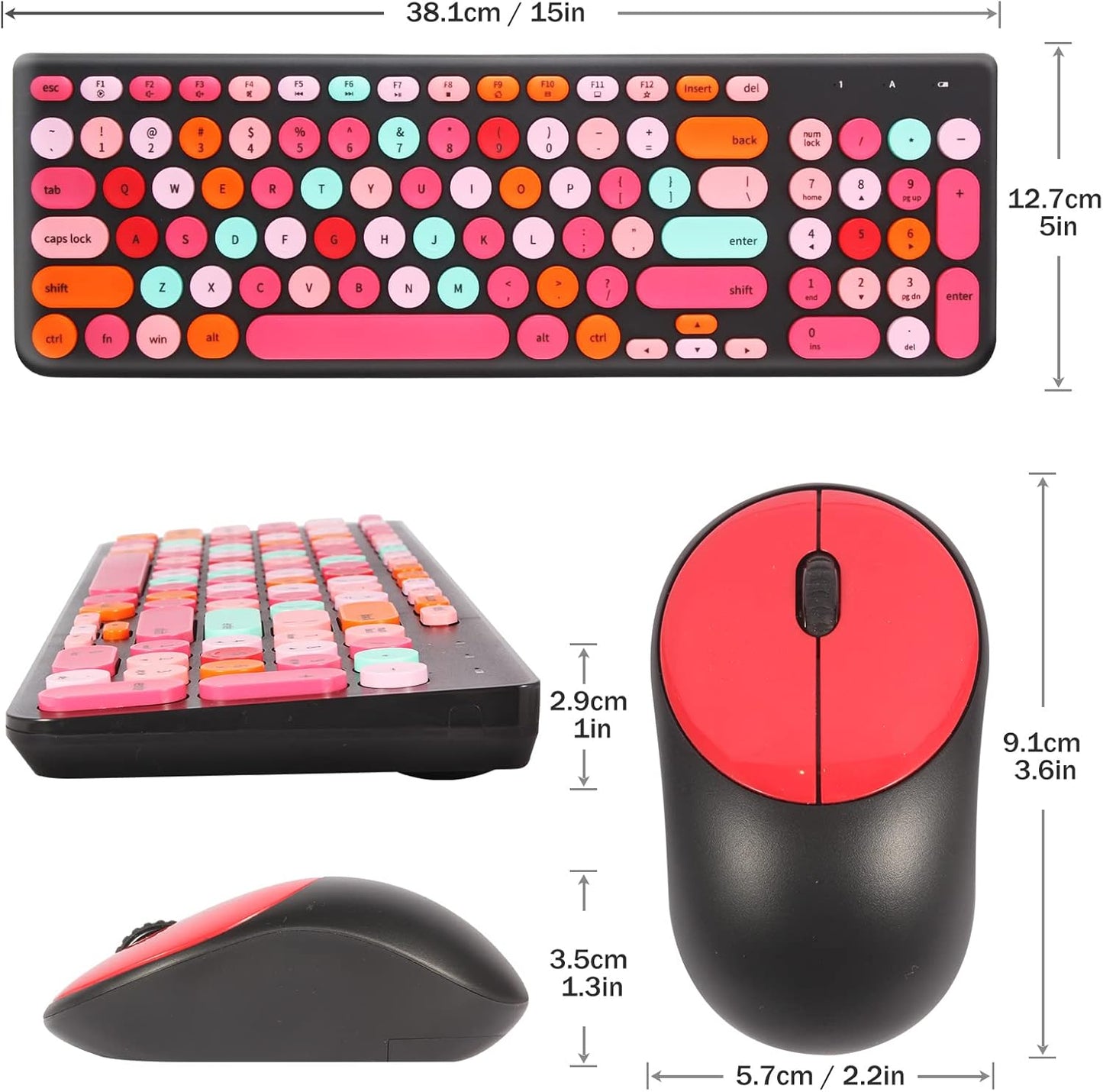 Wireless Keyboard and Mouse Combo, Retro Typewriter Keyboard with Round Keycaps, 2.4GHz USB Cute Wireless Keyboard Mouse for Computer, Desktop, Laptop and Computer (Black-Colorful)
