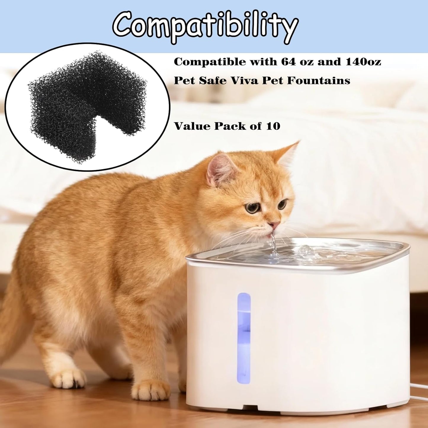 10 Pack Foam Filters for PetSafe Viva Pet Water Fountain – Black Replacement Filters for Pet Drinking Fountain