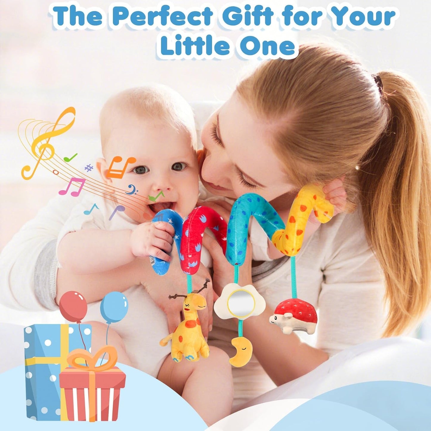 URMYWO Car Seat Toys for Babies 0-6 Months, Hanging Toy Fits Stroller, Sensory Baby Toy with Bell Crinkle Mirror, Baby Travel Gear Shower Gift for Boys Girls, Easter Basket Stuffers