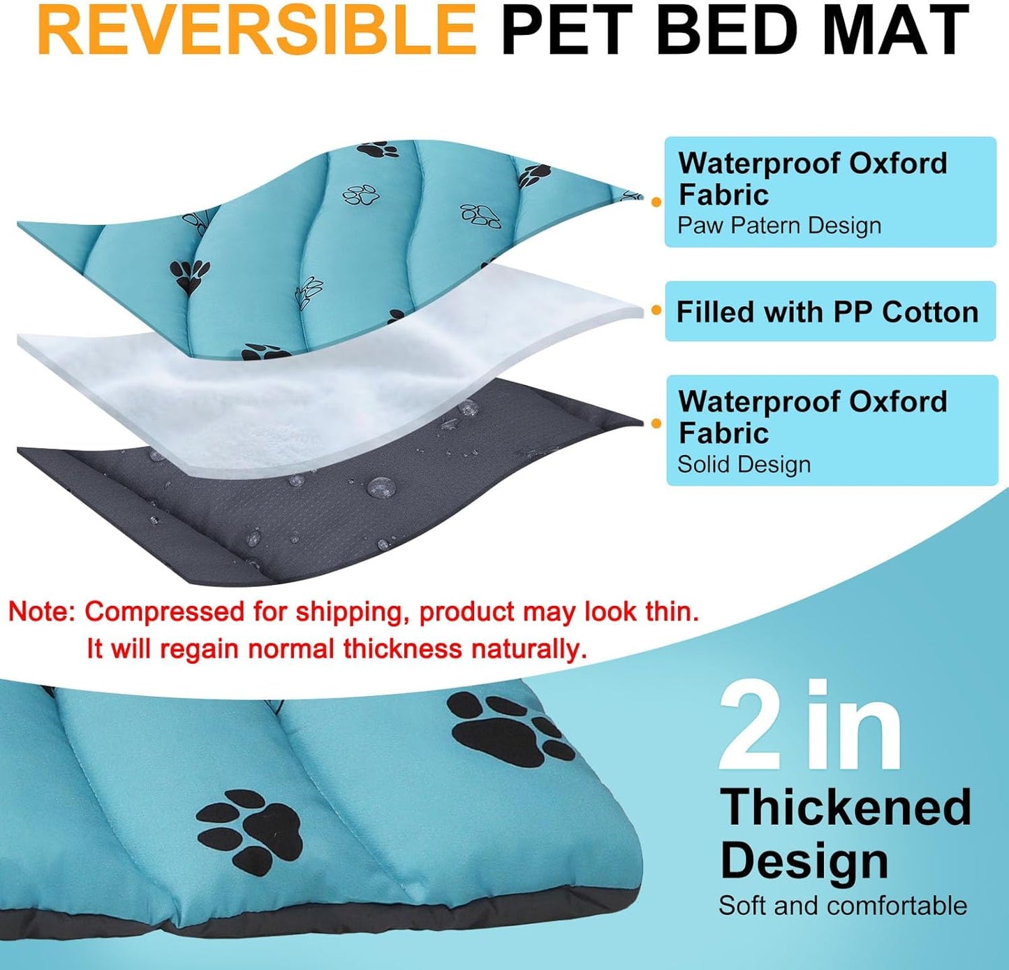 BEAUTYZOO Outdoor Dog Bed Waterproof, Camping Dog Bed Reversible, Portable Travel Bed with Carry Bag- Machine Washable, Durable, Foldable Outdoor Pet Bed Mat for Medium Large Dogs, 26” x 43“ Blue