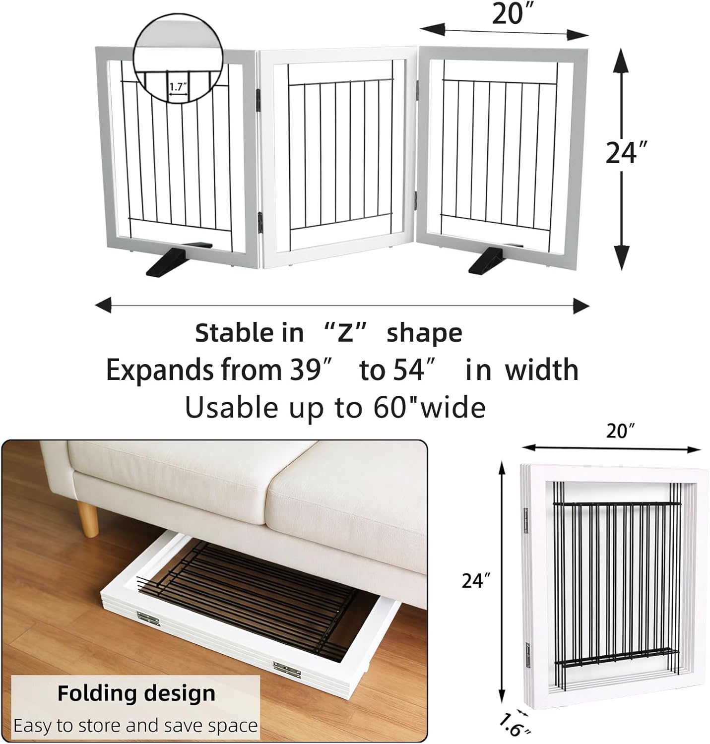 Dog Fence Indoor - 3-Panel Freestanding Dog Gate for Doorways, Hallways, House or Stairs -60x24-Inch Retractable Foldable Expandable Wood Pet by SFJC (White)