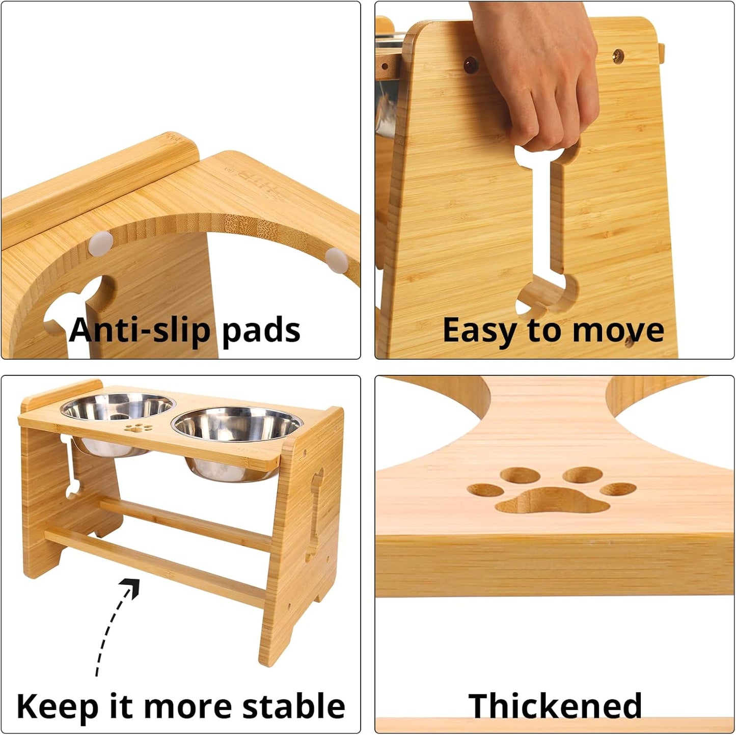 HTB Elevated Dog Bowls, Adjustable Pet Bowl Stand (Bamboo, 2 in 1-6.5'' or 11.8'')