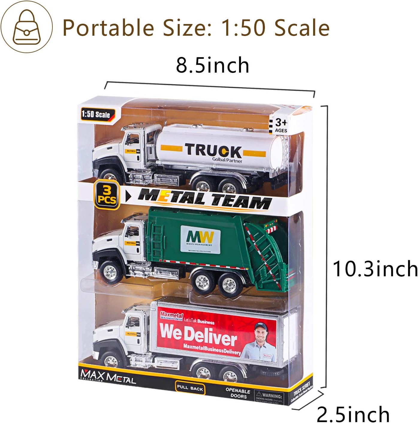 G.C 3 Pack Diecast Transport Vehicles Set - Garbage Truck, Tanker, Delivery Truck 1:50 Scale Pull Back Metal Model Car Toys for Boys