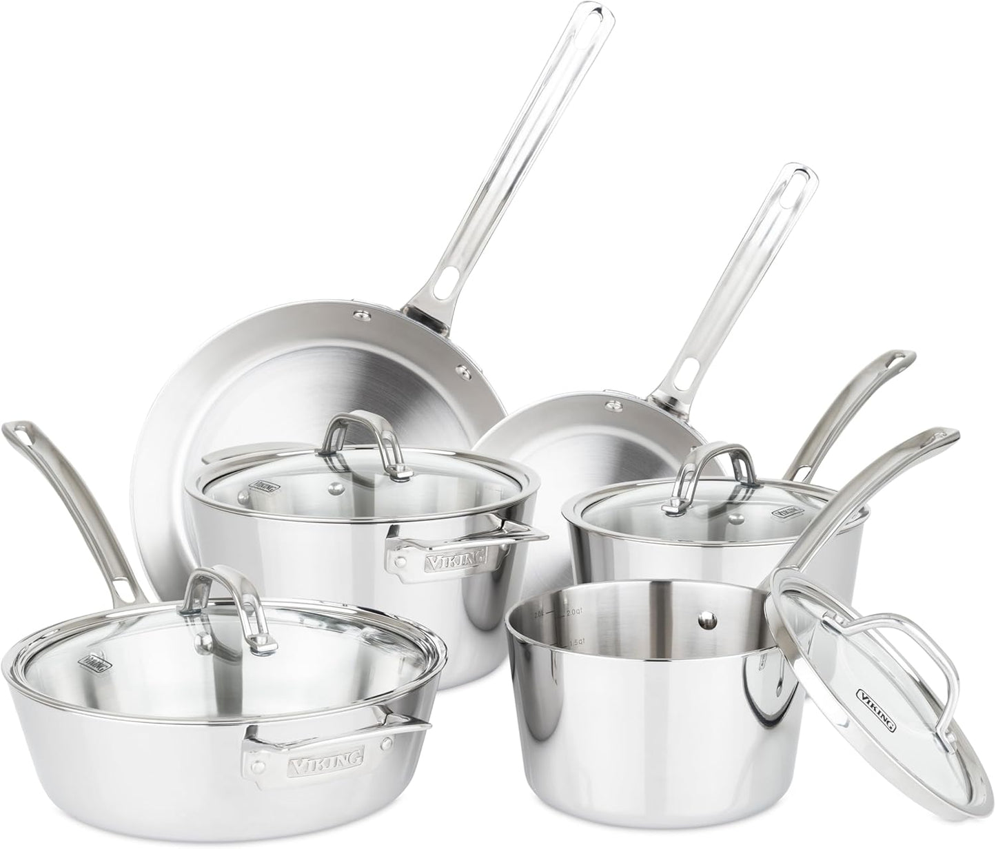 Viking Contemporary 3-Ply Pots and Pans Set, 10 Piece Stainless Steel Kitchen Cookware, Silver