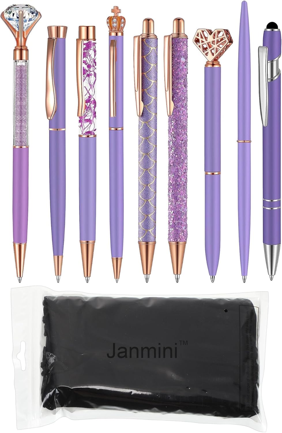 Janmini 9 Pcs Ballpoint Pens Set Metal Crystal Diamond Glitter Pens for Journaling Black Ink Pretty Cute Things Fancy Stationery Gifts for Women Girls Birthday Home Office Desk(Purple)