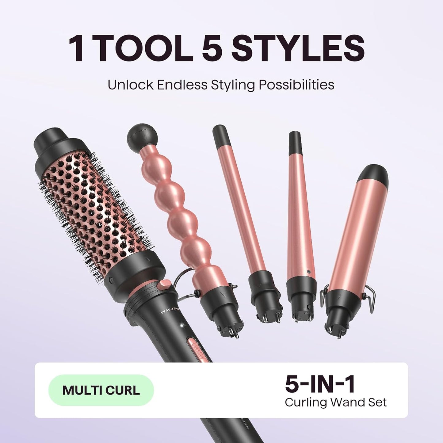Wavytalk 5 in 1 Curling Wand Set, Multi Curl, Curling Wand Set with Thermal Brush and 4 Interchangeable Ceramic Curling Wand(0.5”-1.25”), Instant Heat Up Wand Curling Iron