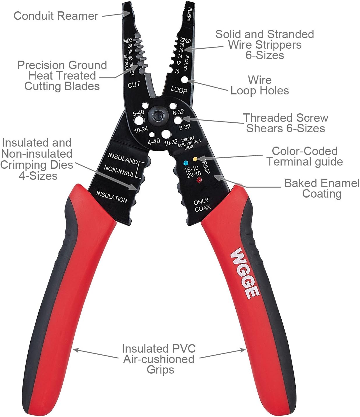 WGGE WG-015 Professional 8-inch Wire Stripper/Crimping Tool, Cable Cutter/Crimper, Wiring and Multi-Function Hand Tool, Red With Black