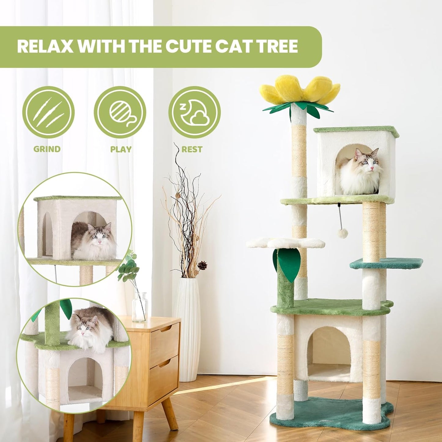 HYABi 64.5-Inch Cute Avocado Flower Large Tall Garden Cat Tree Tower Condo House Furniture Bed Plush Ball Activity Platform Multi-Level with Scratching Posts for Indoor Cats Play