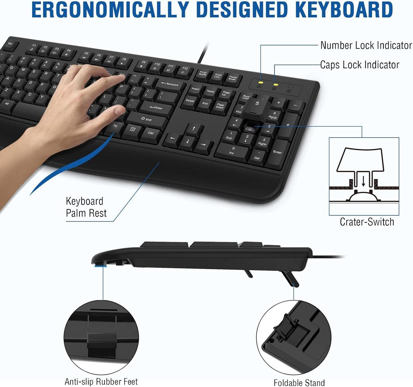 Wired Keyboard and Mouse Combo, EDJO Full-Sized Ergonomic Computer Keyboard with Palm Rest and Optical Wired Mouse for Windows, Mac OS Desktop/Laptop/PC