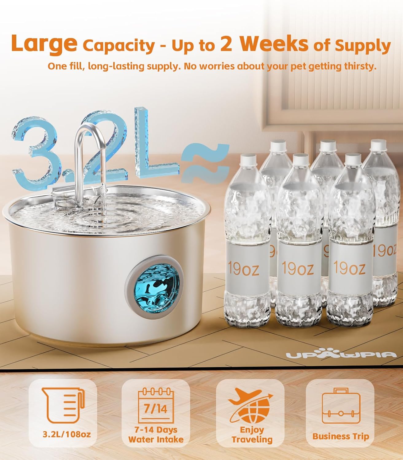 Stainless Steel Cat Water Fountain 3.2L Automatic Pet Water Fountain for Cats/Dogs Indoor Ultra Quiet Metal Cat Fountains for Drinking Kitty Watering Supplies for Pets & Small Animals