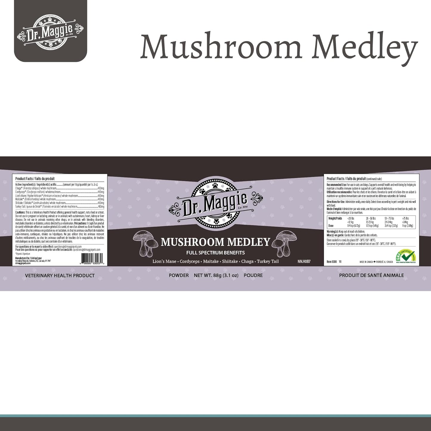 Dr. Maggie Mushroom Medley | Organic Mushroom Powder with Cordyceps Maitake Shiitake Chaga Turkey Tail and Lions Mane for Dogs and Cats | 88g