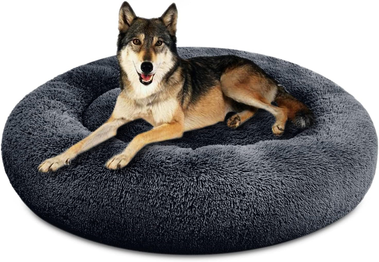 SAVFOX 45 inches Calming Donut Dog Bed - 3X Durable Plush Faux Fur, Machine Washable & Non-Slip, Fits up to 150 lbs, Dark Grey