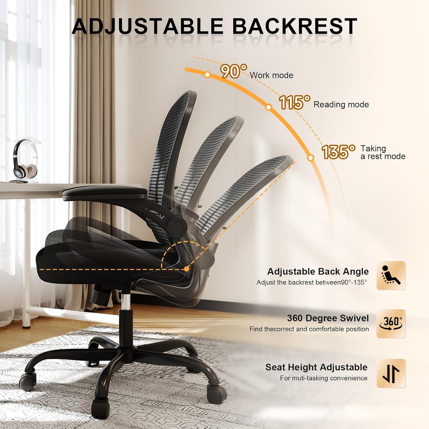 Office Chair, Ergonomic Desk Chairs 330LBS Capacity High Back Mesh Computer Chair with Flip-up Armrests, Comfy Work Chair with Adjustable Lumbar Support, Rolling Chair