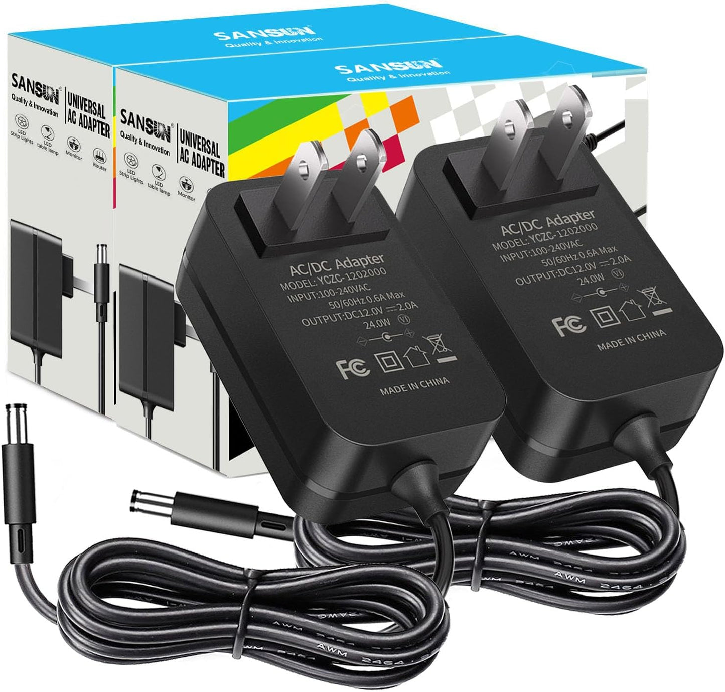 12V 2A Power Supply, AC 120V to DC12V 5.5x2.1mm Jack Converter, 12 Volt LED Driver 24W Adapter Transformer for Strip Lights, Surveillance Cameras, External HDD, Monitor, CCTV (Pack of 2)