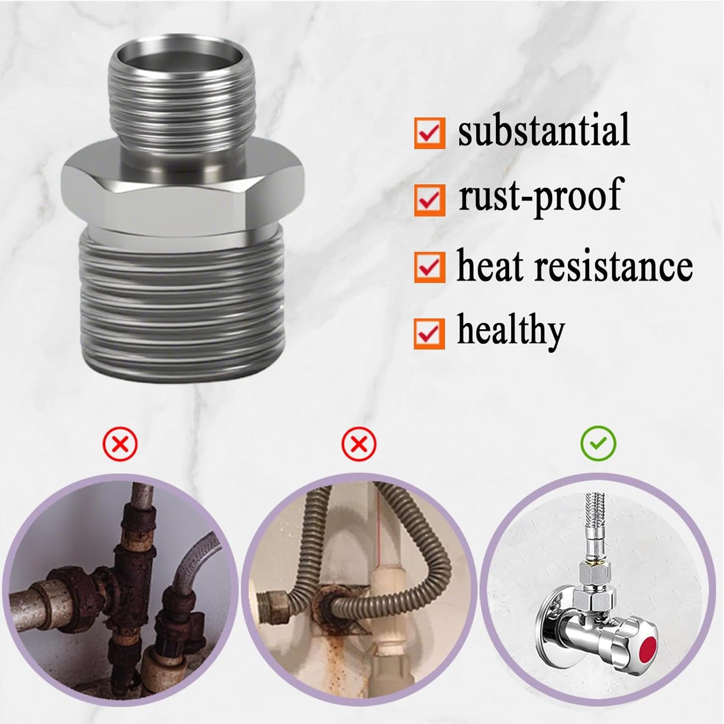 1/2 to 3/8 Water Line Adapter, Brass Compression reducer faucet fitting, 3/8 Male to 1/2 Male Water Hose Adapter for RV Kitchen, Pipe Connector with Teflon Tape and Filter gasket (2-Pack)