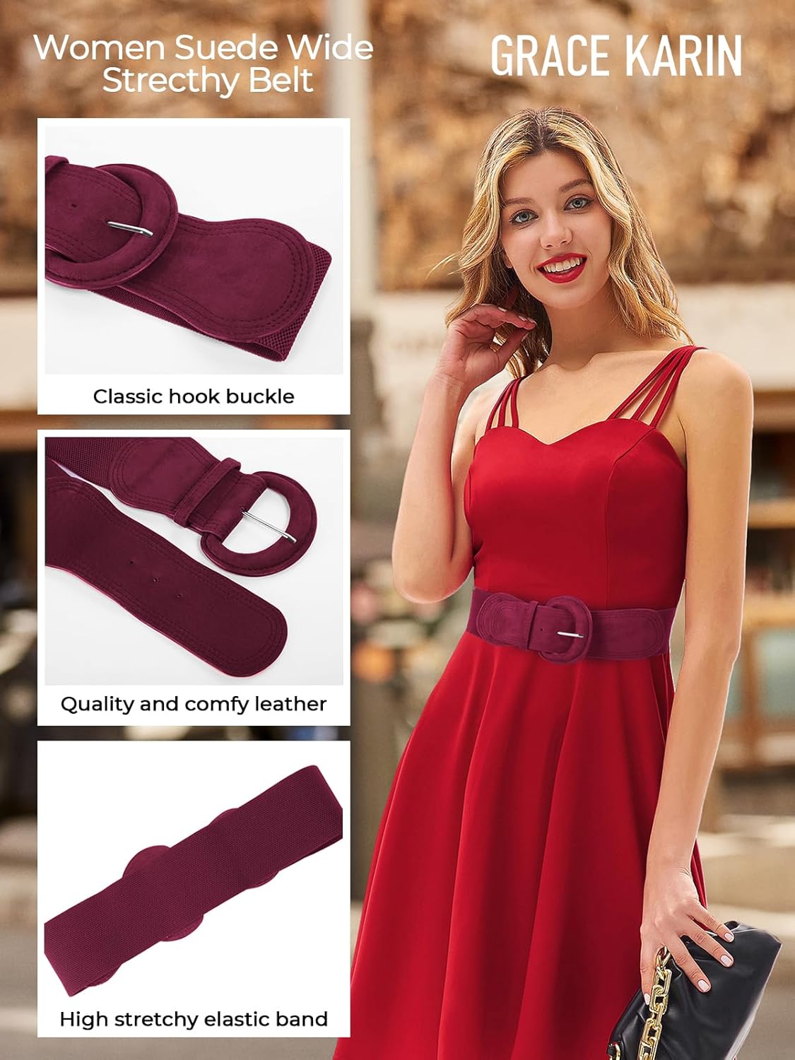 GRACE KARIN Women's Suede Elastic Belt Wide Stretchy Belt Vintage Chunky Buckle Belts S-XXL