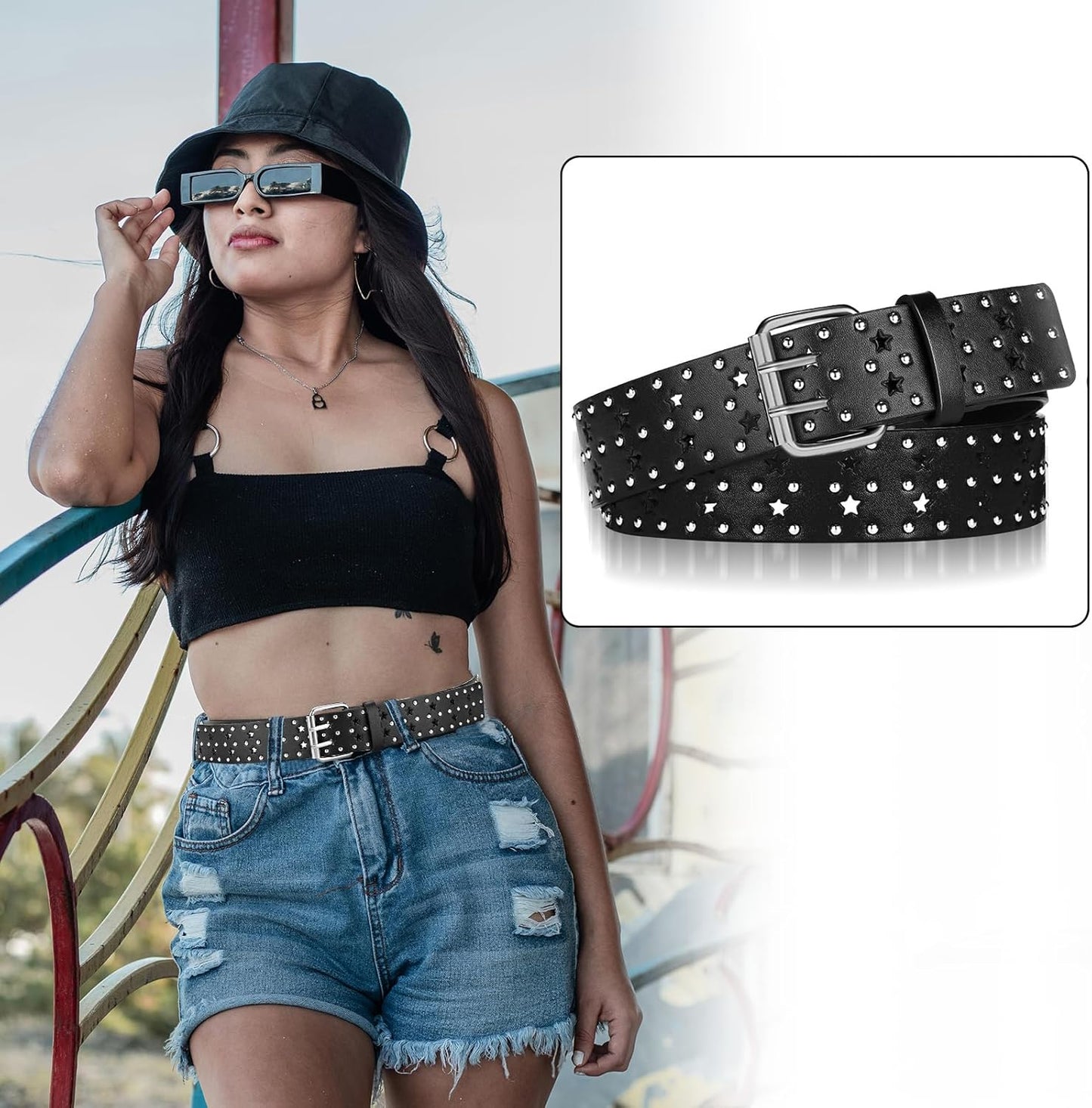 4 Piece Studded Rivet Double Grommet Belt Set - Faux Leather Gothic Goth Black - Punk Style Accessories for Men Women - Ideal Gift