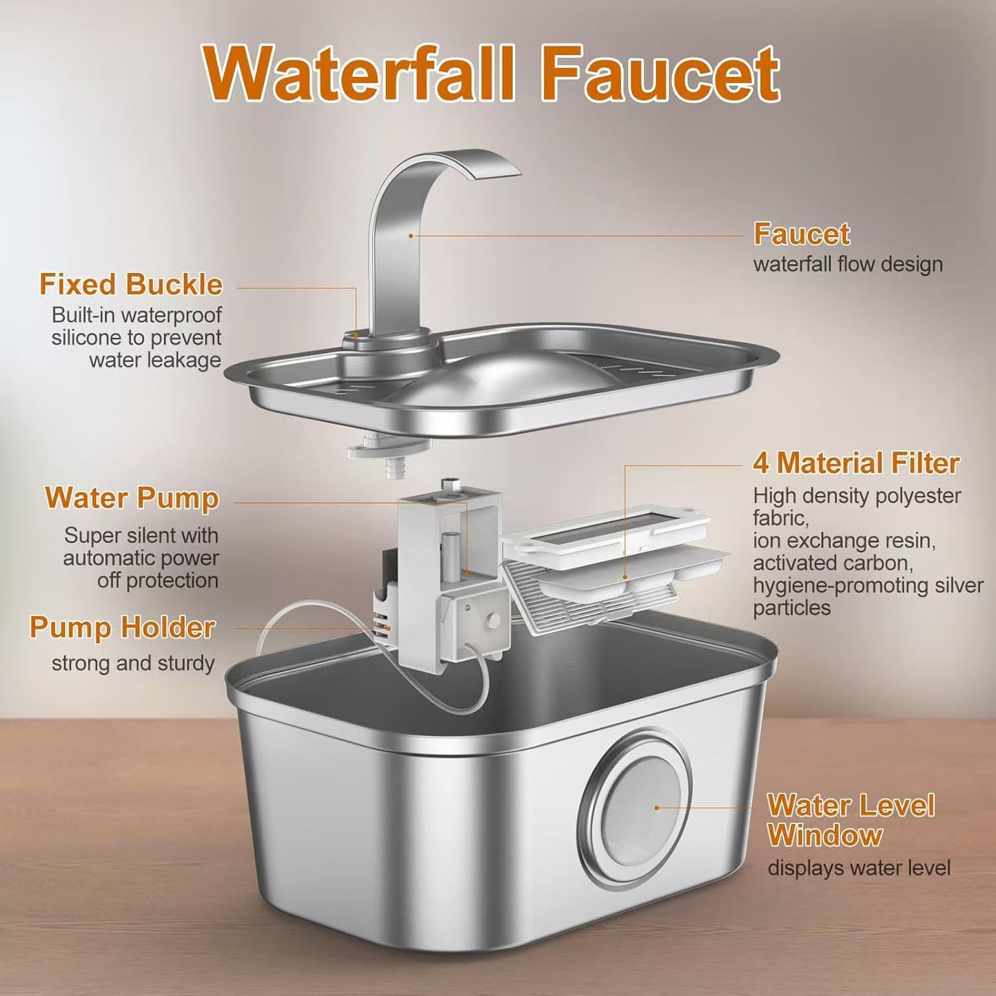 Bobo&Dragon Cat Water Fountain Stainless Steel, 124oz/3.5L Cat Drinking Fountain, Automatic Dog Water Dispenser Indoor, Water Bowl for Cats Dogs Pets Built-in 4+4 Replacement Filters