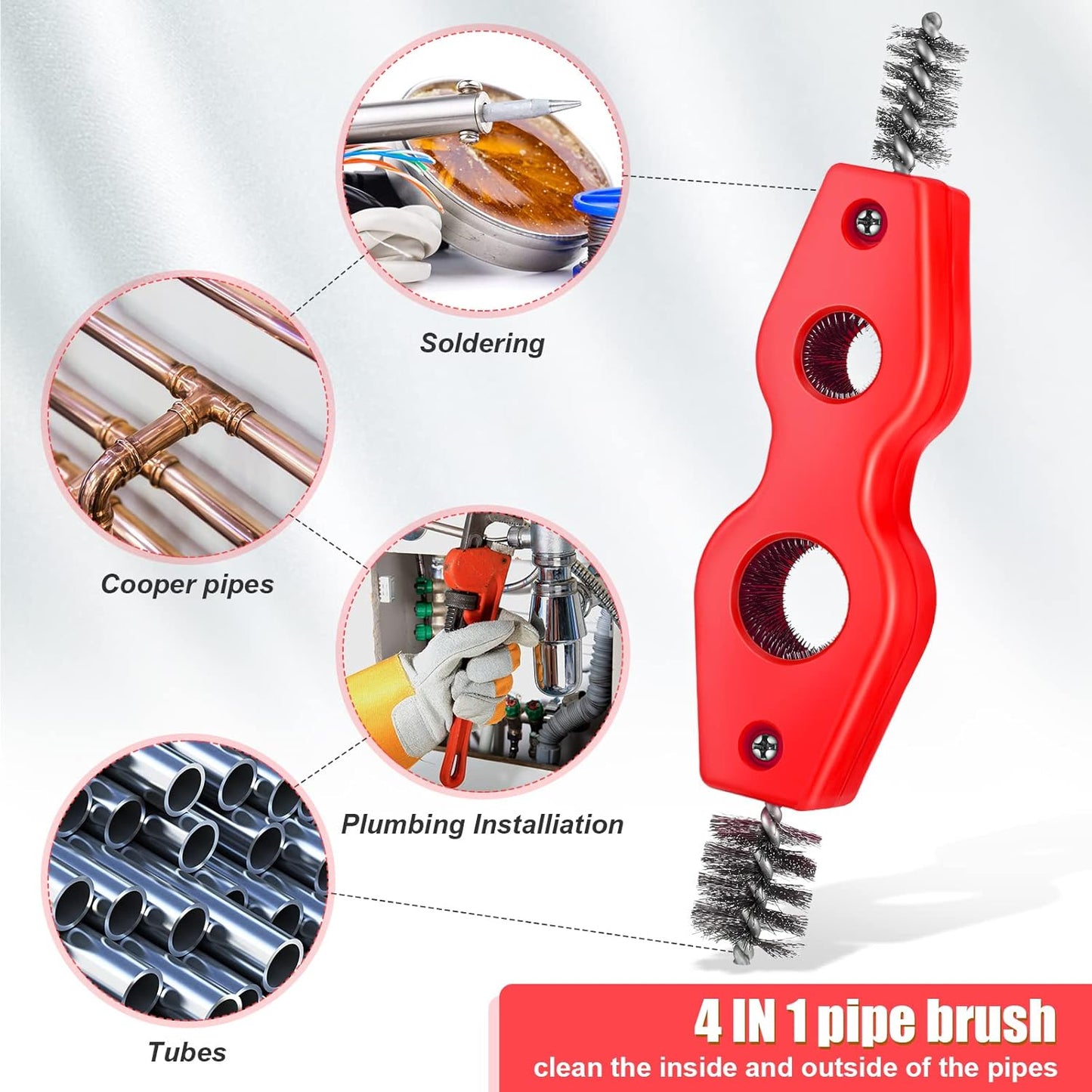 Honoson 4 Pcs 4-in-1 Copper Pipe Cleaner, 1/2 in & 3/4 in Copper Tubing Brush Inner & Outer Thread Cleaner Plumber Deburring Brushs for Plumbing Installation, Soldering, Brazing(Black, Red)