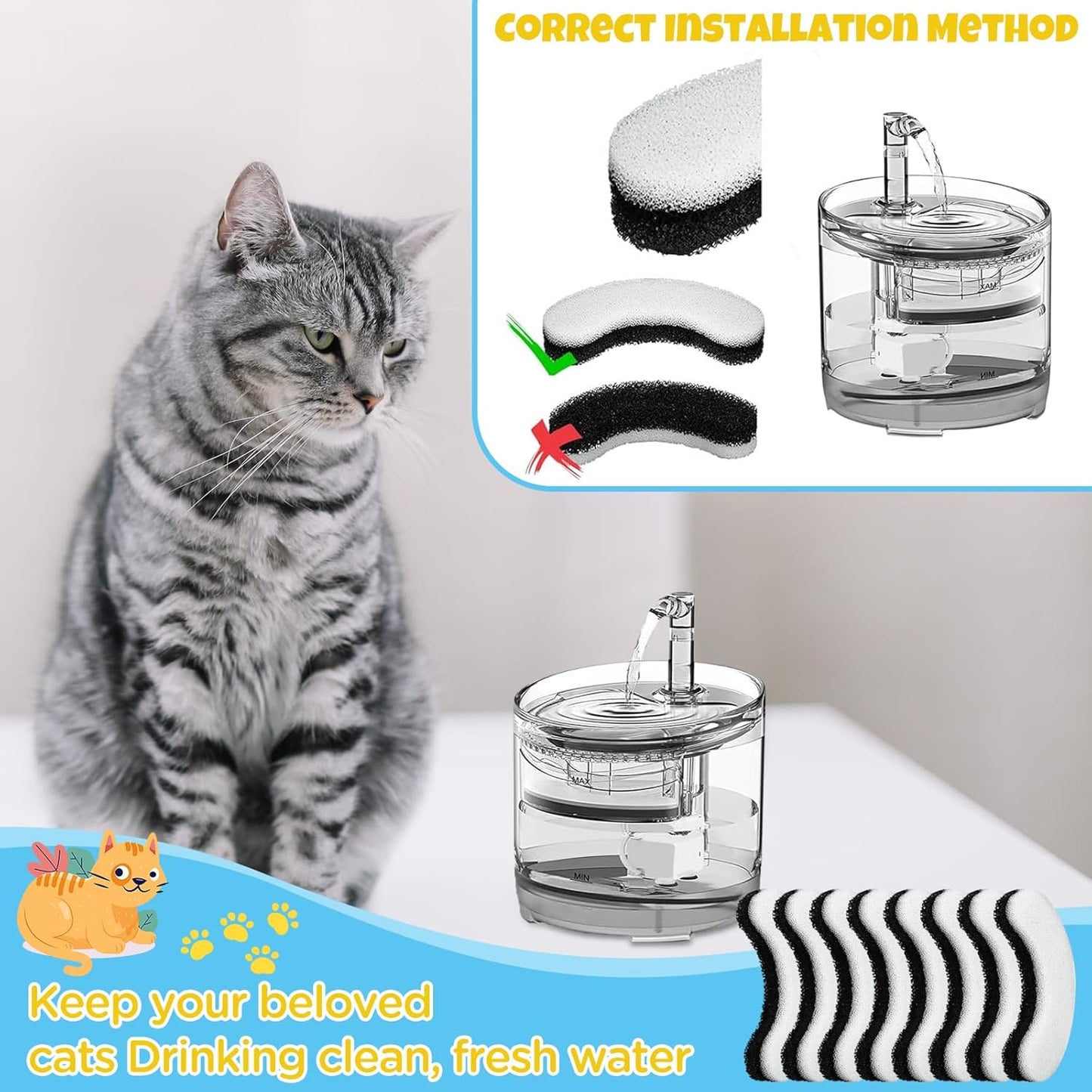 16 Pieces Cat Water Fountain Filters, Water Fountain Filters Replacement for Cat，Water Fountain Fit for Clear Fountain Perfect for NPET WF050 & WF100，Dog Dispenser (16PCS)