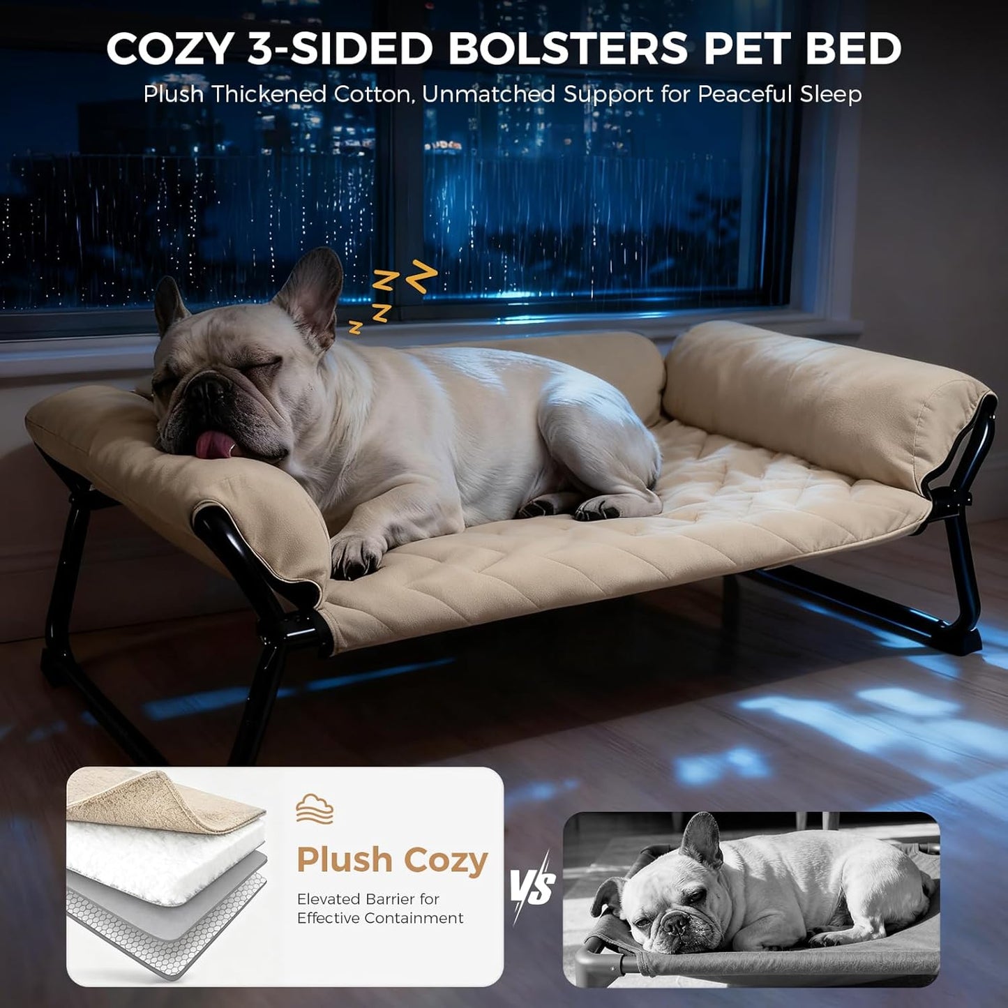 Lekereise Cooling Elevated Outdoor Dog Bed Cot + Orthopedic Indoor Small Dog Sofa Bed, Washable Cover & Sturdy X-Frame, 37x21.5inches, Medium, Beige