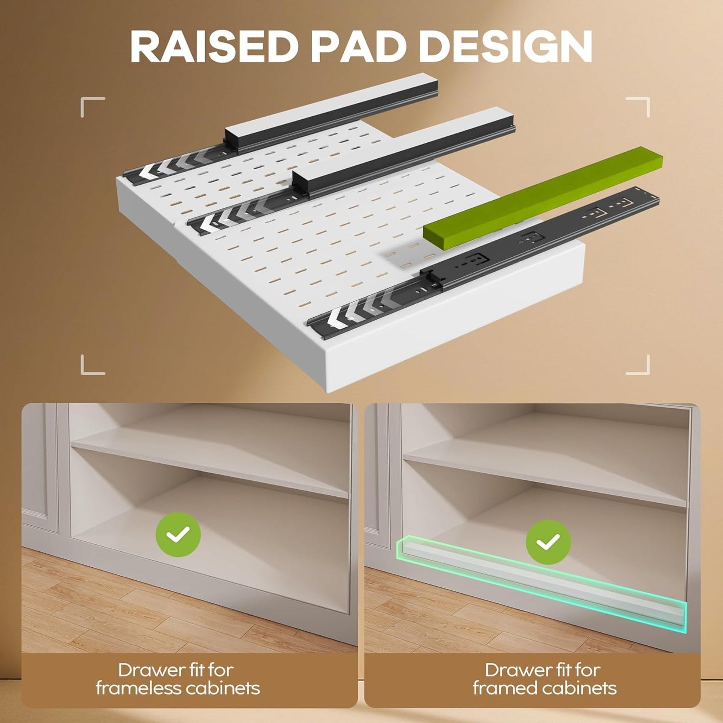 2 Pack Pull out Cabinet Organizer 21"Deep With Raising Pad for Framed Cabinets, Expandable Slide out Drawers for Kitchen Cabinets with 4pcs Divider Racks, Roll out Shelves 12.1"-20.4" W White
