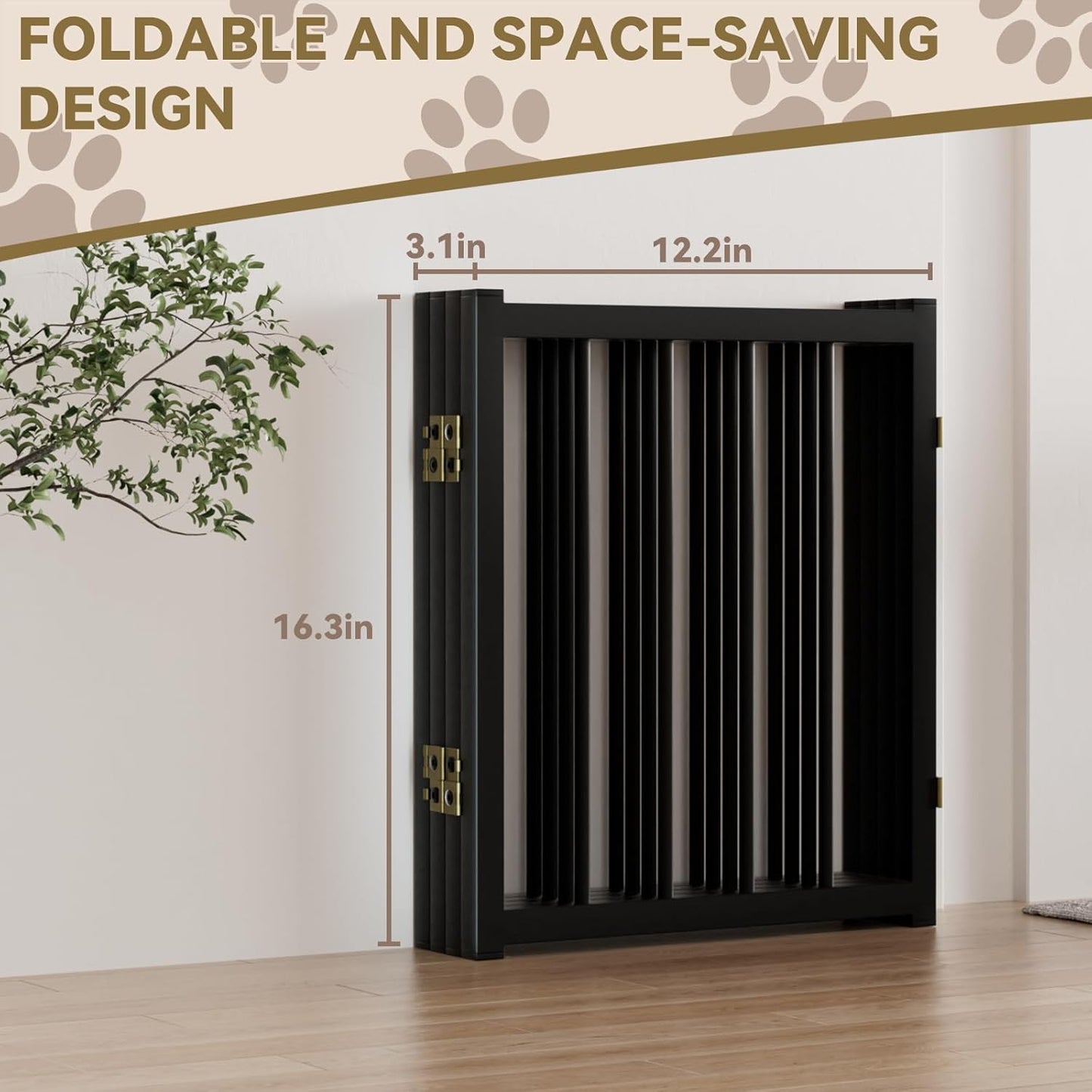 16" Freestanding Short Dog Gate for Small Dogs – Foldable & Retractable, Expands Up to 48" Wide, 4-Panel Pet Barrier for Doorways, Stairs & Hallways (Black)