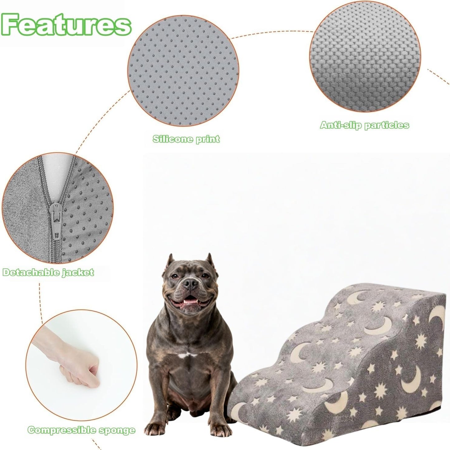 Dog Cat Stairs, Non-Slip Stable Indoor Glow in The Dark Dog Steps, Small Medium Large Pet 3-Step Ramp for Bed, Couch, Height 16"