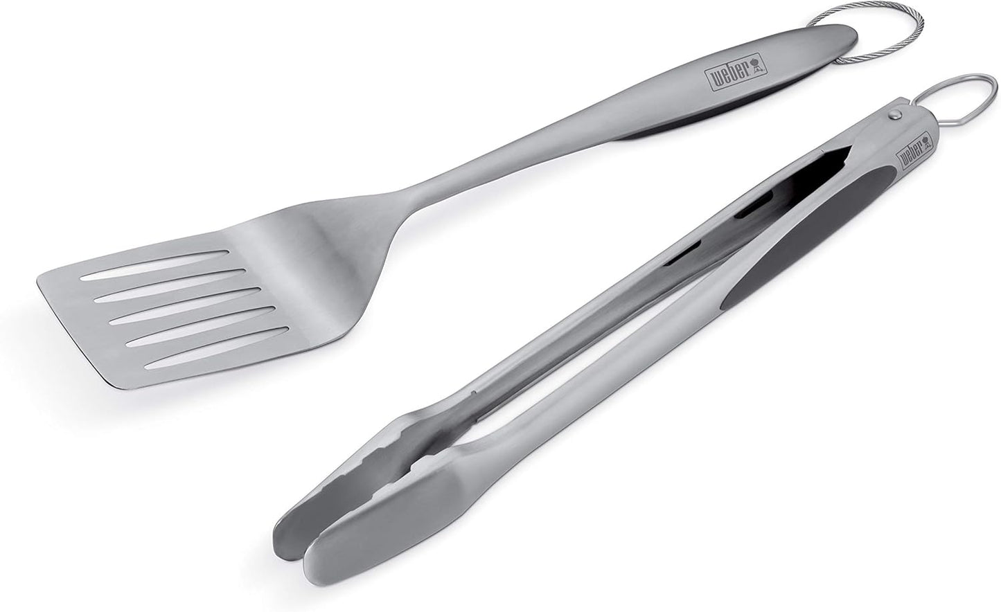 Weber Stainless Steel Style 2‑Piece Barbecue Tool Set – Spatula & Hands‑Free Locking Tongs with Textured Easy‑Grip Handles, BBQ Grilling