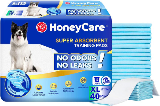 HONEY CARE All-Absorb, X-Large 28" x 34", 40 Count, Dog and Puppy Training Pads, Ultra Absorbent and Odor Eliminating, Leak-Proof 5-Layer Potty Training Pads with Quick-Dry Surface, Blue