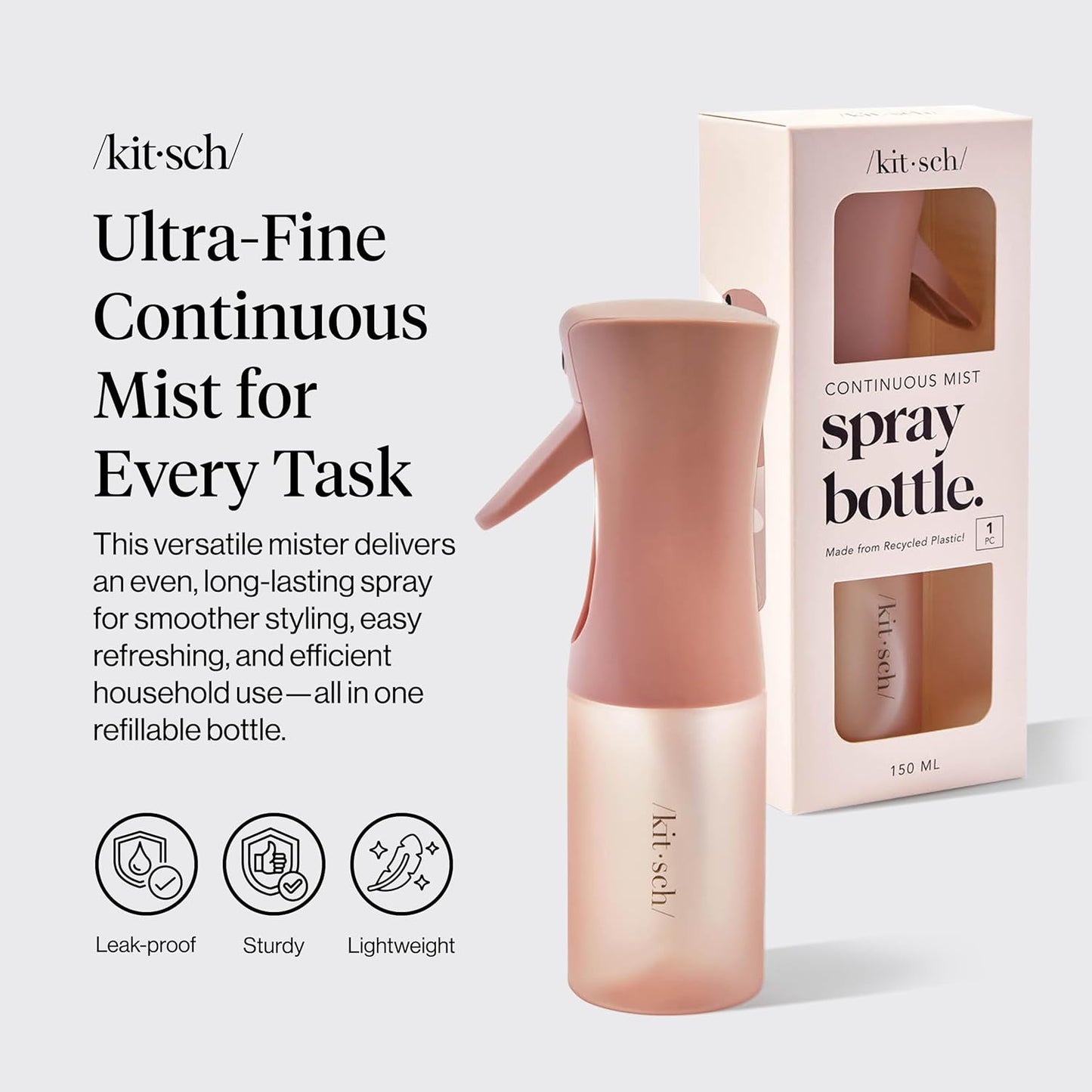 Kitsch Continuous Spray Bottle for Hair – Fine Mist Water Mister & Water Spray Bottle – Recycled Hair Spray Bottle – Spray Bottles for Cleaning, Styling, Plants & More – Terracotta, 150ml